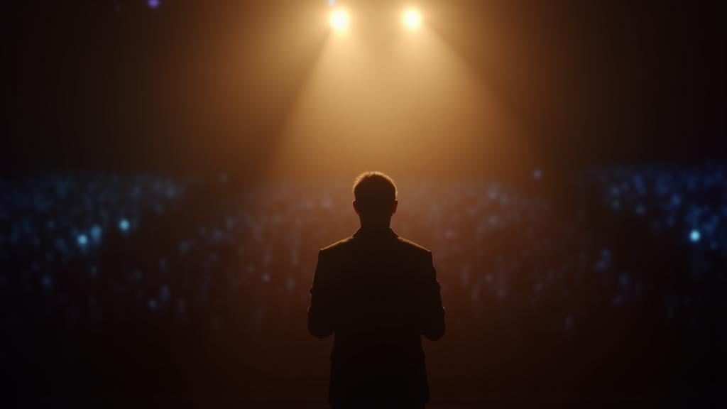 Pessoa falando confiante em um palco com fundo desfocado